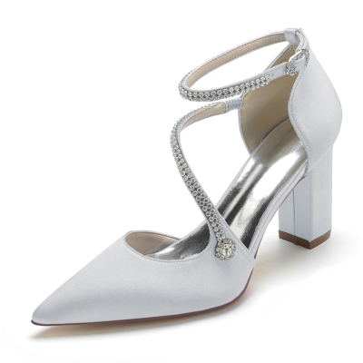Silver Satin Pointed Toe Rhinestone Ankle Strap Heels Wedding Shoes