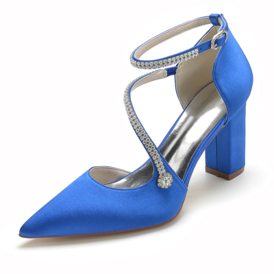 Blue Satin Pointed Toe Rhinestone Ankle Strap Heels Wedding Shoes