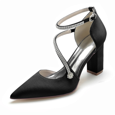 Black Satin Pointed Toe Rhinestone Ankle Strap Heels Wedding Shoes
