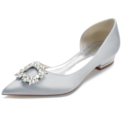 Silver Satin Pointed Toe Rhinestone Buckle Flat Shoes
