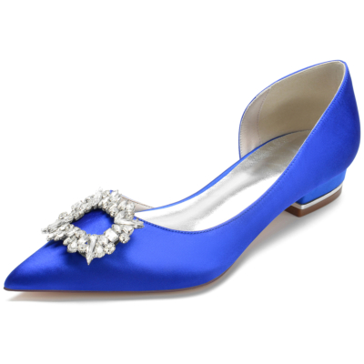 Royal Blue Satin Pointed Toe Rhinestone Buckle Flat Shoes