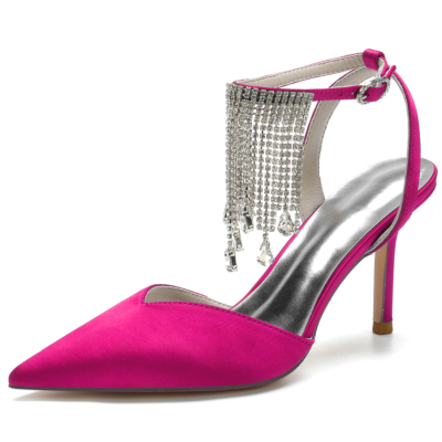 Pink Satin Pointed Toe Rhinestone Fringe Stiletto Heel Ankle Strap Sandals