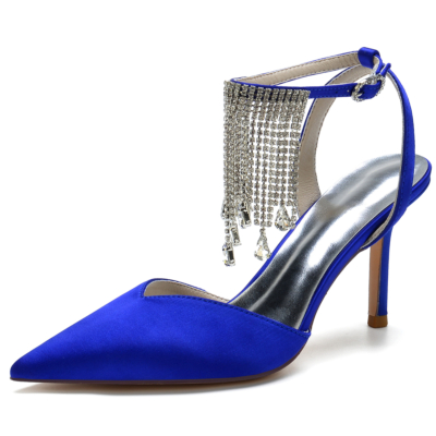 Royal Blue Satin Pointed Toe Rhinestone Fringe Stiletto Heel Ankle Strap Sandals