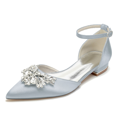 Silver Satin Pointed Toe Rhinestone Wedding Shoes Ankle Strap Flat