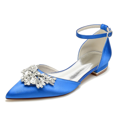 Royal Blue Satin Pointed Toe Rhinestone Wedding Shoes Ankle Strap Flat