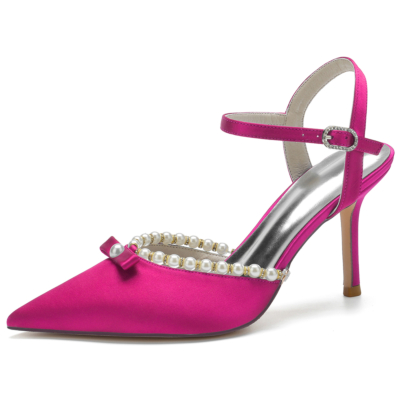 Pink Satin Pointed Toe Slingback Heels Pearl Wedding Shoes