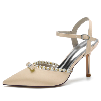 Champange Satin Pointed Toe Slingback Heels Pearl Wedding Shoes