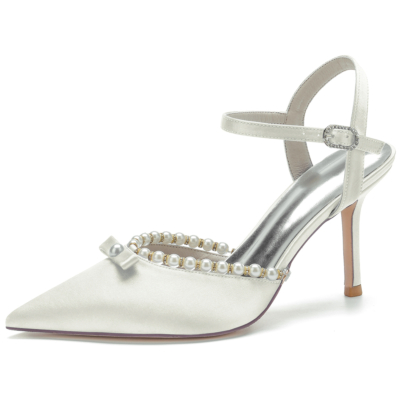 Ivory Satin Pointed Toe Slingback Heels Pearl Wedding Shoes