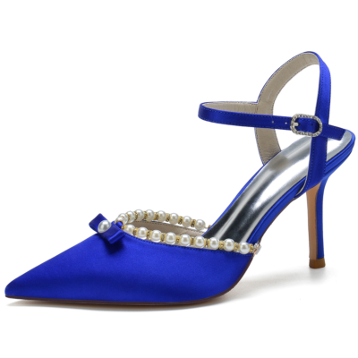 Royal Blue Satin Pointed Toe Slingback Heels Pearl Wedding Shoes