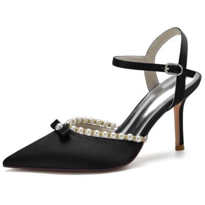 Black Satin Pointed Toe Slingback Heels Pearl Wedding Shoes