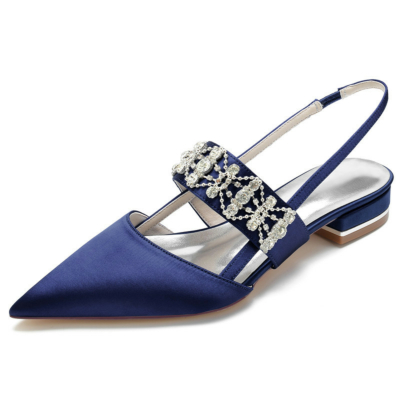 Navy Satin Pointed Toe Slingbacks Flats Jewelled Wide Strap Flat Shoes