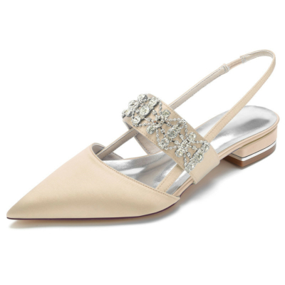 Champagne Satin Pointed Toe Slingbacks Flats Jewelled Wide Strap Flat Shoes