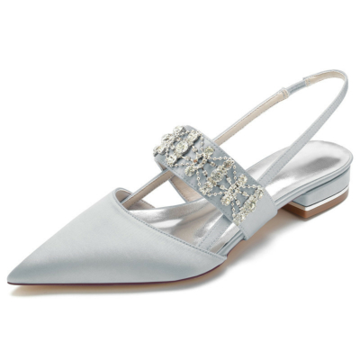 Grey Satin Pointed Toe Slingbacks Flats Jewelled Wide Strap Flat Shoes