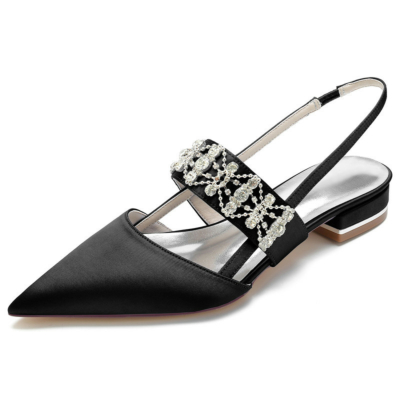 Black Satin Pointed Toe Slingbacks Flats Jewelled Wide Strap Flat Shoes
