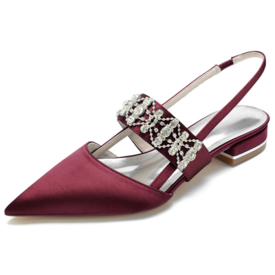 Burgundy Satin Pointed Toe Slingbacks Flats Jewelled Wide Strap Flat Shoes