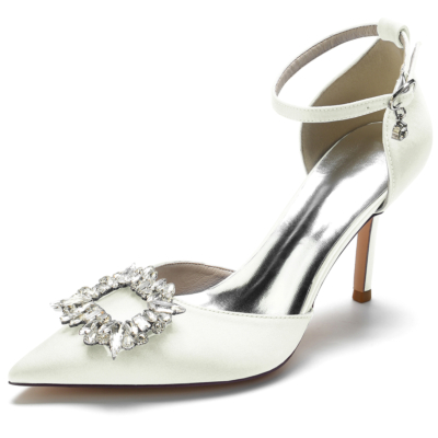 Ivory Satin Pointed Toe Stiletto Heel Ankle Strap Heels Pumps