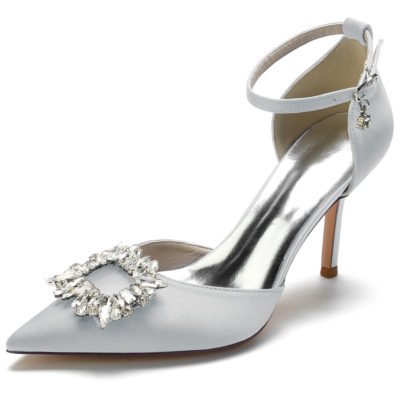 Silver Satin Pointed Toe Stiletto Heel Ankle Strap Heels Pumps