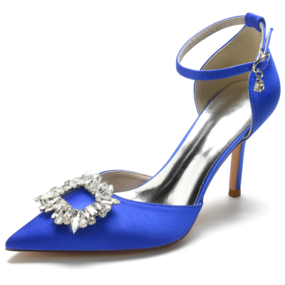 Royal Blue Satin Pointed Toe Stiletto Heel Ankle Strap Heels Pumps