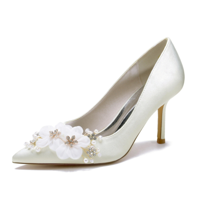 Ivory Satin Pointed Toe Stiletto Heel Lace Flowers Wedding Pumps