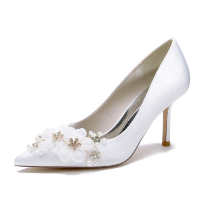 White Satin Pointed Toe Stiletto Heel Lace Flowers Wedding Pumps