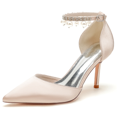 Champagne Satin Pointed Toe Stiletto Heel Pearl Tassle Ankle Strap Pumps Wedding Shoes