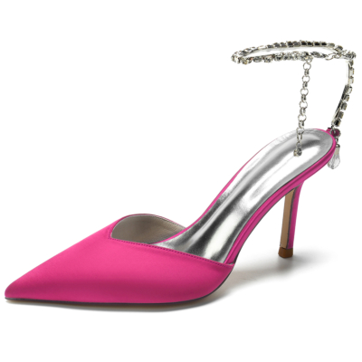 Pink Satin Pointed Toe Stiletto Heel Rhinestone Chain Ankle Strap Sandals