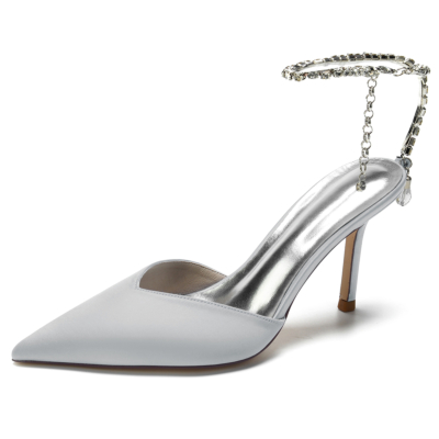 Silver Satin Pointed Toe Stiletto Heel Rhinestone Chain Ankle Strap Sandals