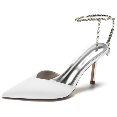 White Satin Pointed Toe Stiletto Heel Rhinestone Chain Ankle Strap Sandals