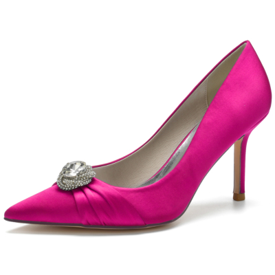 Pink Satin Pointed Toe Stiletto Heel Rhinestone Wedding Shoes