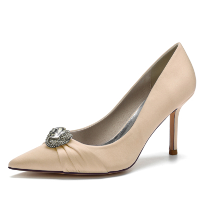 Champange Satin Pointed Toe Stiletto Heel Rhinestone Wedding Shoes