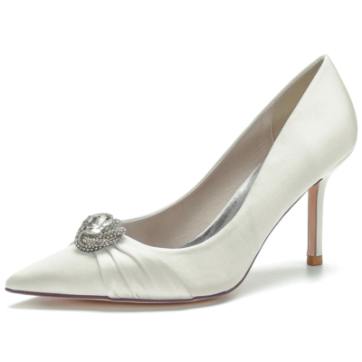 Ivory Satin Pointed Toe Stiletto Heel Rhinestone Wedding Shoes
