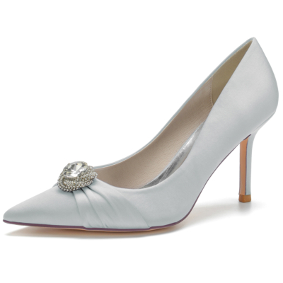 Silver Satin Pointed Toe Stiletto Heel Rhinestone Wedding Shoes