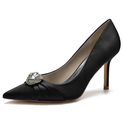 Black Satin Pointed Toe Stiletto Heel Rhinestone Wedding Shoes