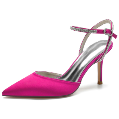 Magenta Satin Pointed Toe Stiletto Pumps Ankle Strap Heel Wedding Shoes