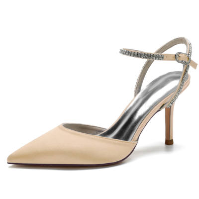 Champange Satin Pointed Toe Stiletto Pumps Ankle Strap Heel Wedding Shoes