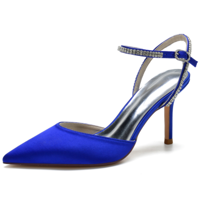 Royal Blue Satin Pointed Toe Stiletto Pumps Ankle Strap Heel Wedding Shoes