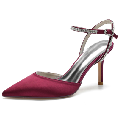 Burgundy Satin Pointed Toe Stiletto Pumps Ankle Strap Heel Wedding Shoes