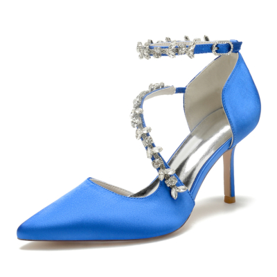 Royal Blue Satin Pointed Toe Stilettos Ankle Strap Heel Wedding Shoes