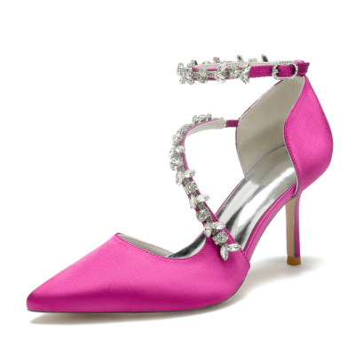 Magenta Satin Pointed Toe Stilettos Ankle Strap Heel Wedding Shoes