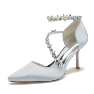Silver Satin Pointed Toe Stilettos Ankle Strap Heel Wedding Shoes