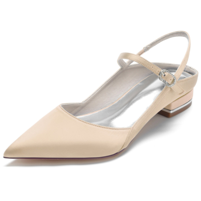 Champagne Satin Pointed Toe V-Cut Slingback Flats Ankle Strap Dress Shoes