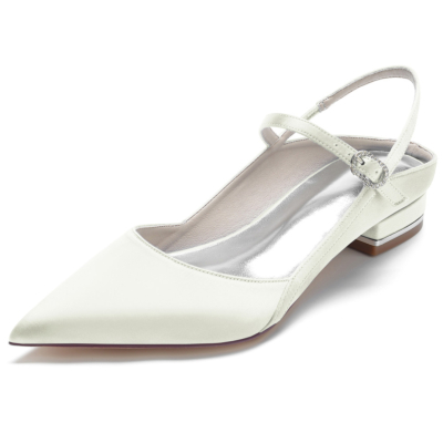 Beige Satin Pointed Toe V-Cut Slingback Flats Ankle Strap Dress Shoes