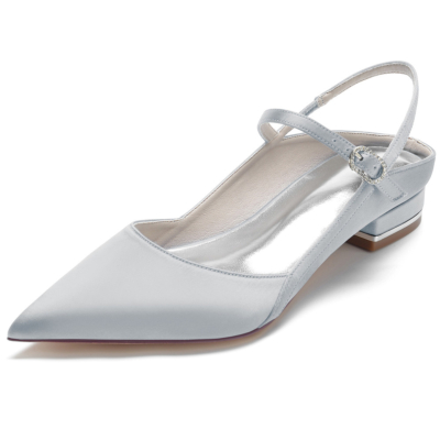 Silver Satin Pointed Toe V-Cut Slingback Flats Ankle Strap Dress Shoes
