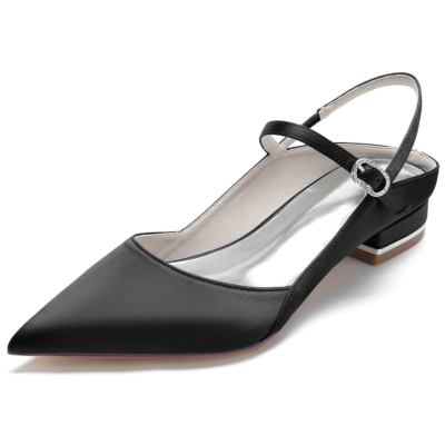 Black Satin Pointed Toe V-Cut Slingback Flats Ankle Strap Dress Shoes