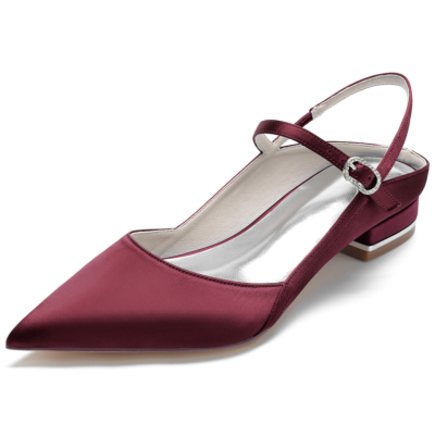 Burgundy Satin Pointed Toe V-Cut Slingback Flats Ankle Strap Dress Shoes