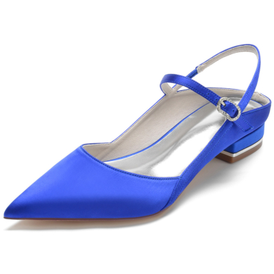 Royal Blue Satin Pointed Toe V-Cut Slingback Flats Ankle Strap Dress Shoes