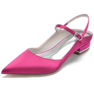 Magenta Satin Pointed Toe V-Cut Slingback Flats Ankle Strap Dress Shoes