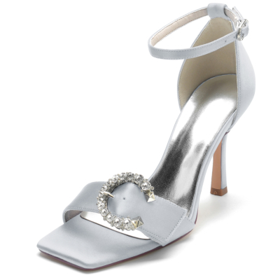 Silver Satin Rhinestone Buckle Open Toe Stiletto Ankle Strap Sandals