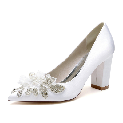 Satin Rhinestone Flowers Bride's Wedding Pumps with Comfortable Chunky Heel