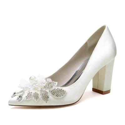 Ivory Satin Rhinestone Flowers Bride's Wedding Pumps with Comfortable Chunky Heel
